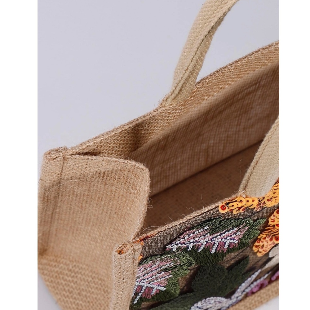Boho Sequin Embroidered Burlap Medium Size Tote Bag - Picture 6 of 11